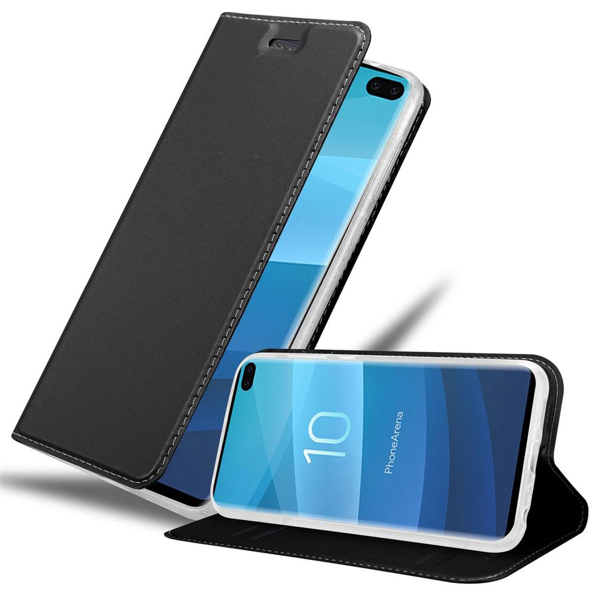 Schwarze Handyhülle geöffnet, zeigt ein Telefon mit Bildschirm. Die Hülle sagt '10 PhoneArena'.