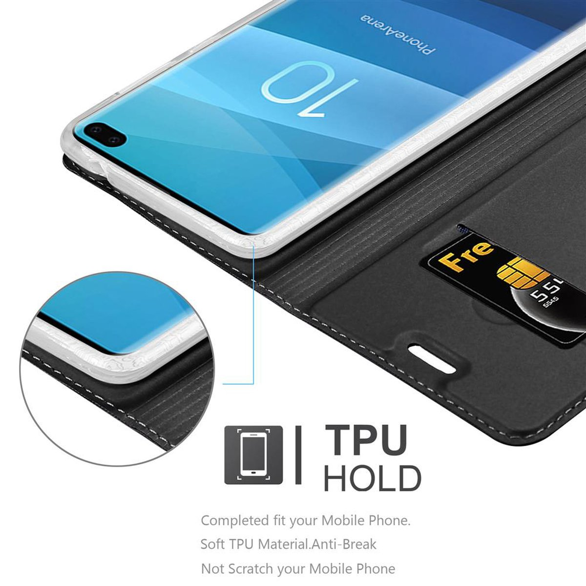 Handyhülle Detail: Telefon mit Kartensteckplatz, SIM-Karte und TPU HOLD-Text.