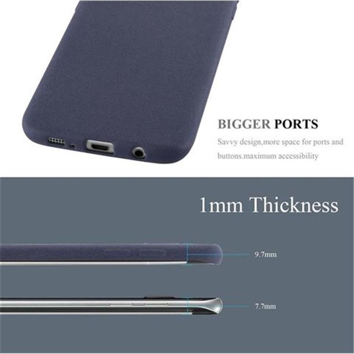 Una custodia per telefono con una superficie blu. Il testo in alto dice 'BIGGER PORTS' e '1mm Thickness' in basso.