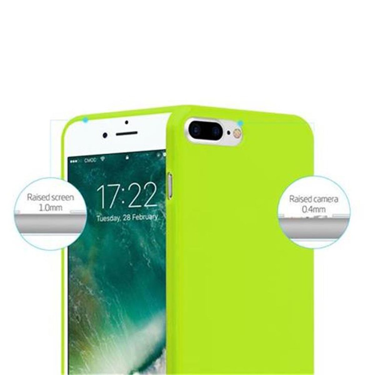 Telefono bianco con custodia verde, che mostra lo schermo e il retro. Il testo sullo schermo recita 17:22, martedì 28 febbraio.