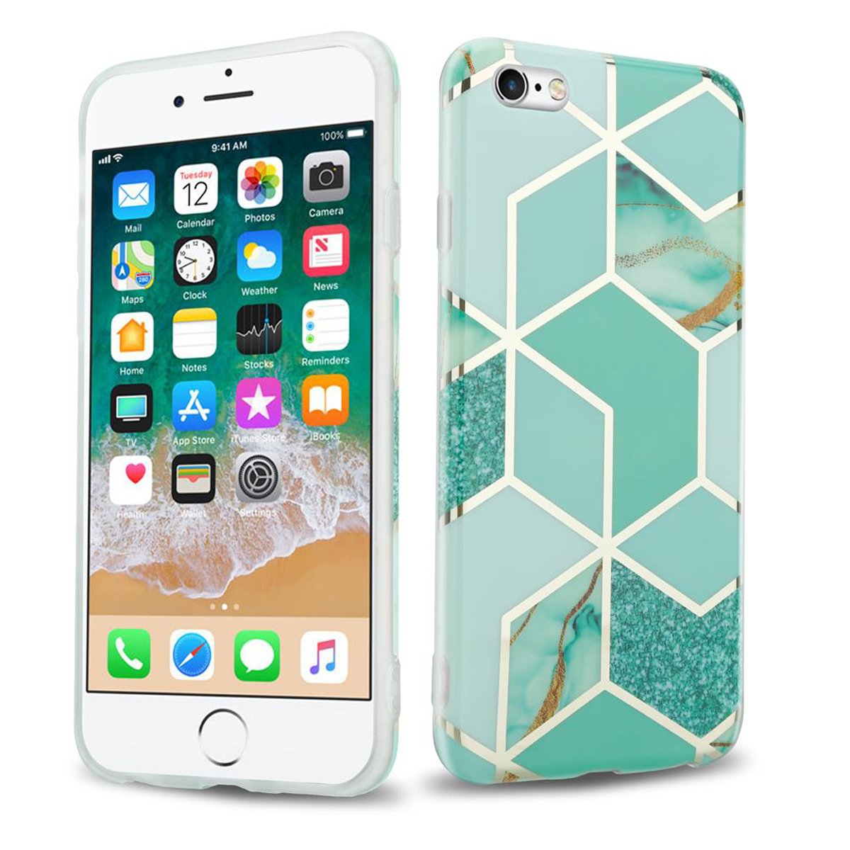 Ein iPhone mit einer teal- und goldfarbenen geometrischen Hülle, weißer Hintergrund.