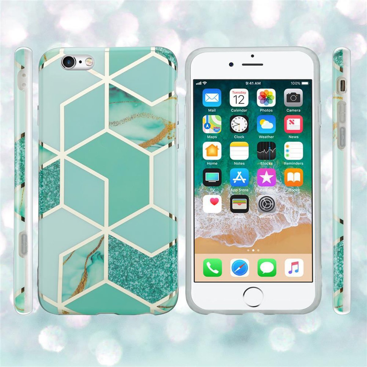 Ein Telefon und ein Gehäuse-Set mit teal- und goldfarbenem geometrischen Muster. Der Bildschirm ist an.