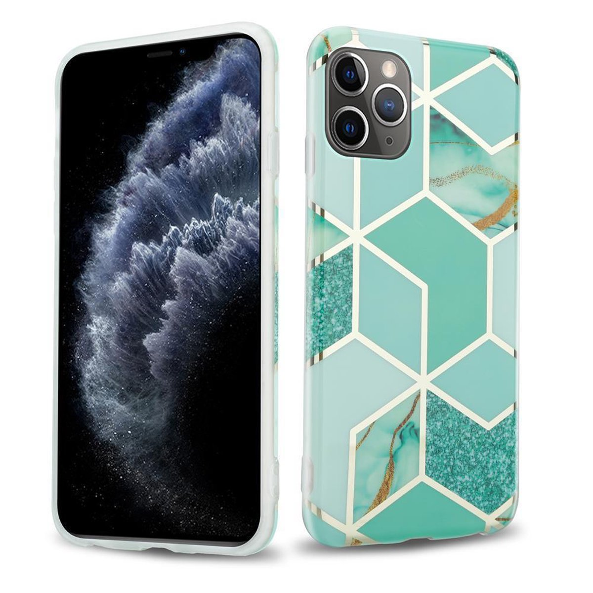 Due custodie per iPhone. Una è su un telefono con schermo blu. L'altra è su un tavolo.