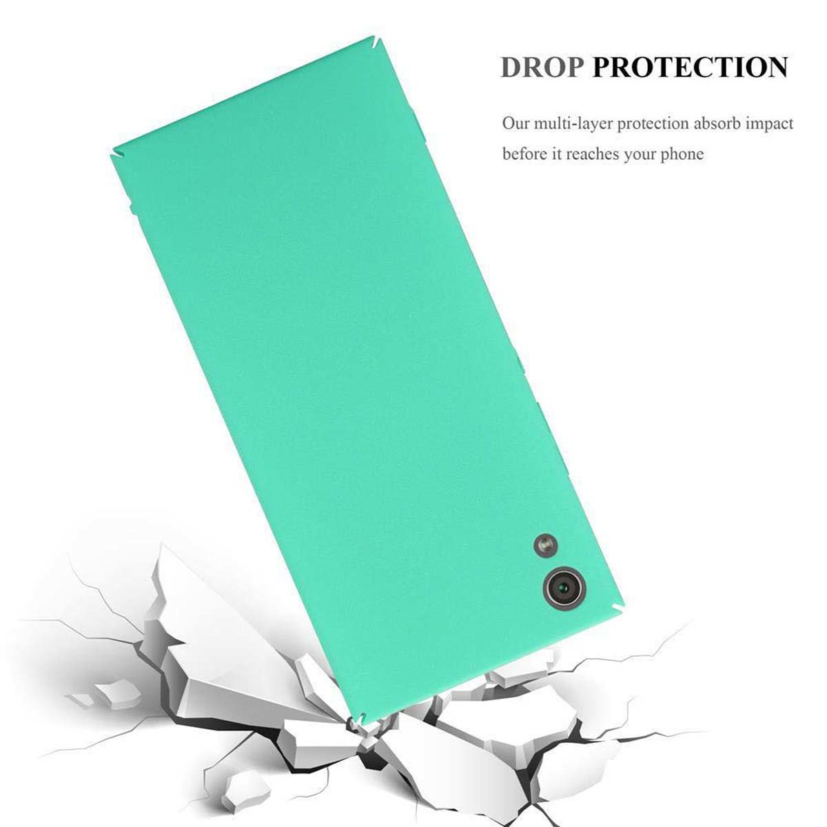 Una custodia verde per telefono che rompe un pavimento bianco.