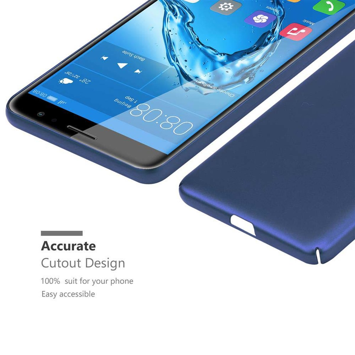 Una custodia blu per telefono accanto a un telefono blu. Il telefono ha uno schermo e la custodia è un design ritagliato.