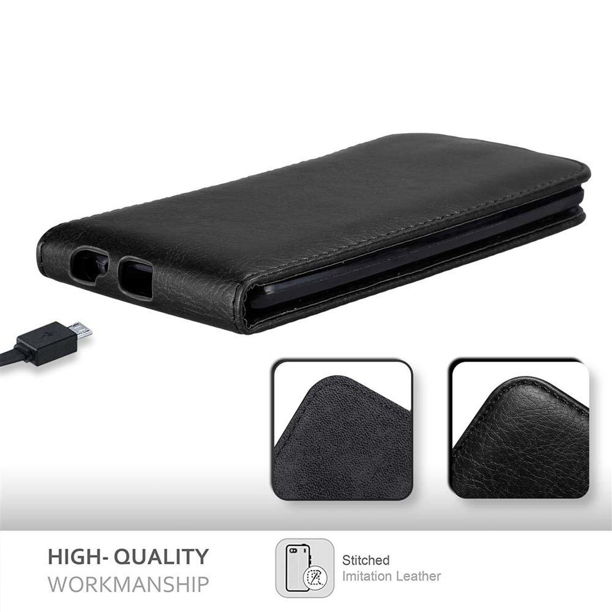 Custodia per telefono nera, aperta, con cavo collegato. Include primi piani e la scritta 'High-Quality'.