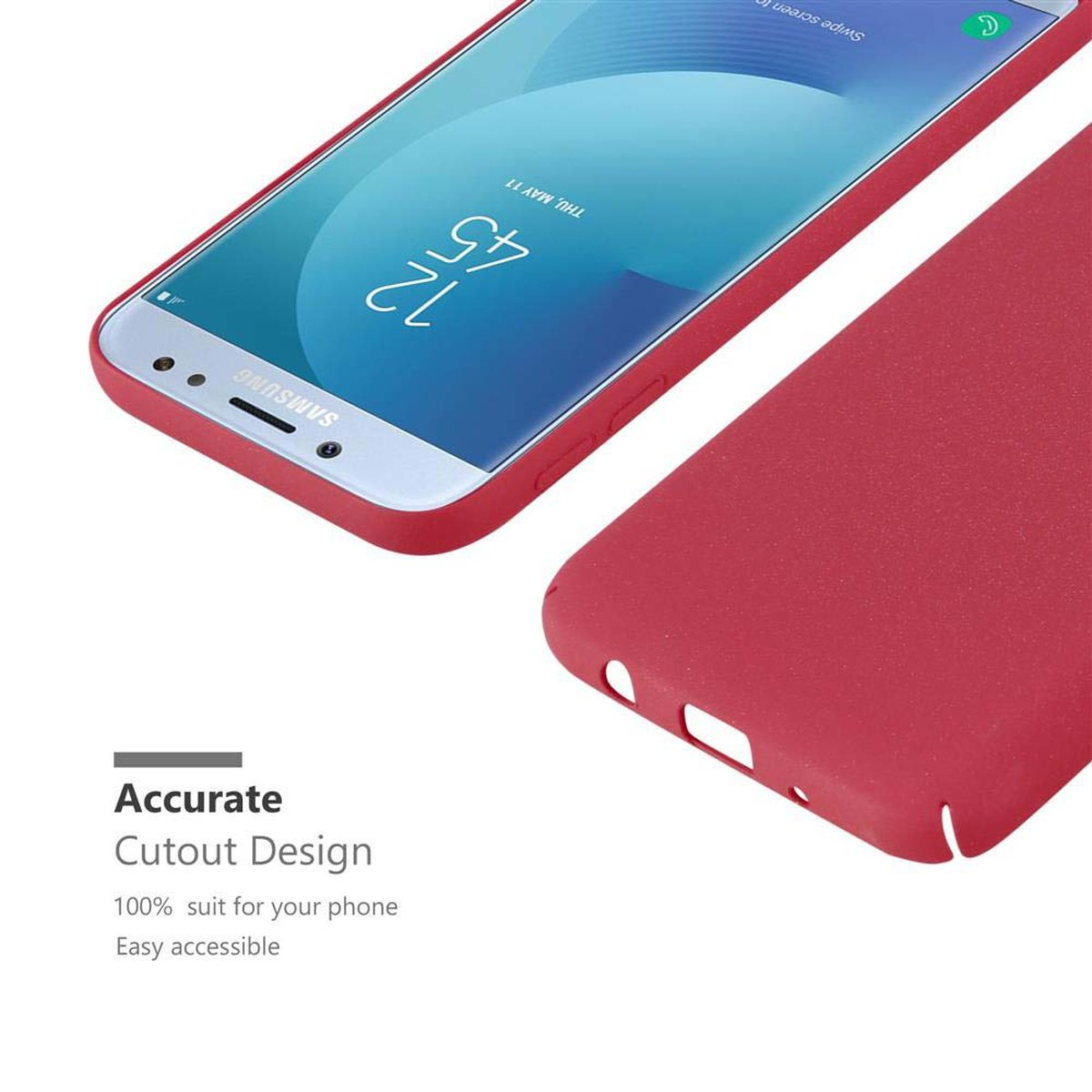 Custodia rossa per telefono con telefono all'interno. Logo Samsung e design ritagliato per facile accesso.