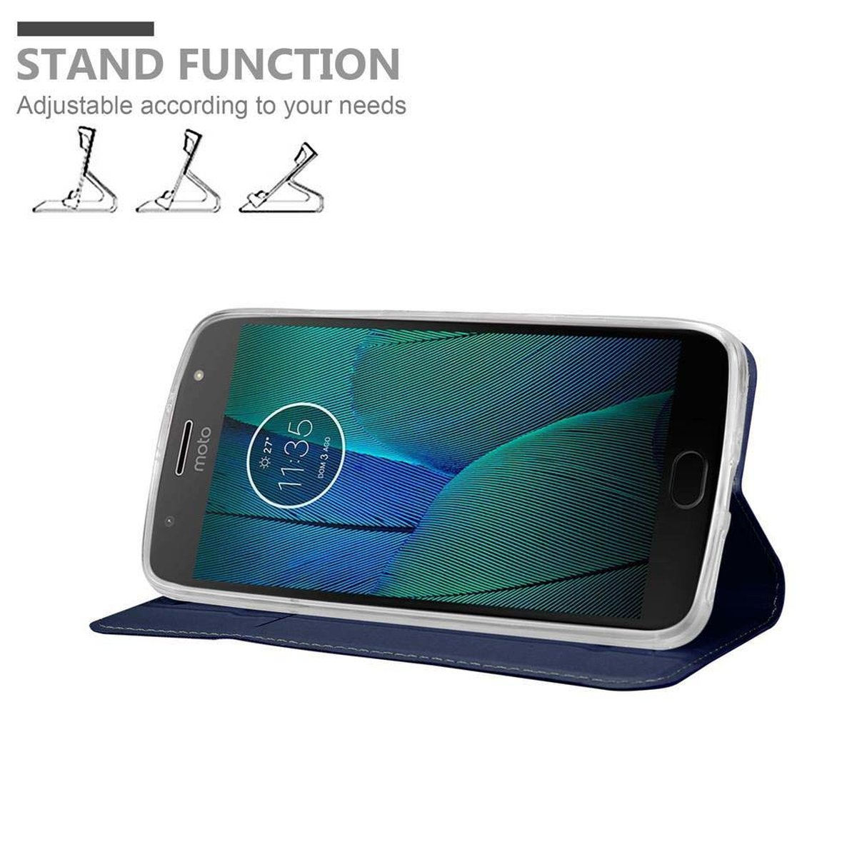 Un telefono in una custodia blu, con funzione supporto. Testo: Funzione supporto, regolabile.