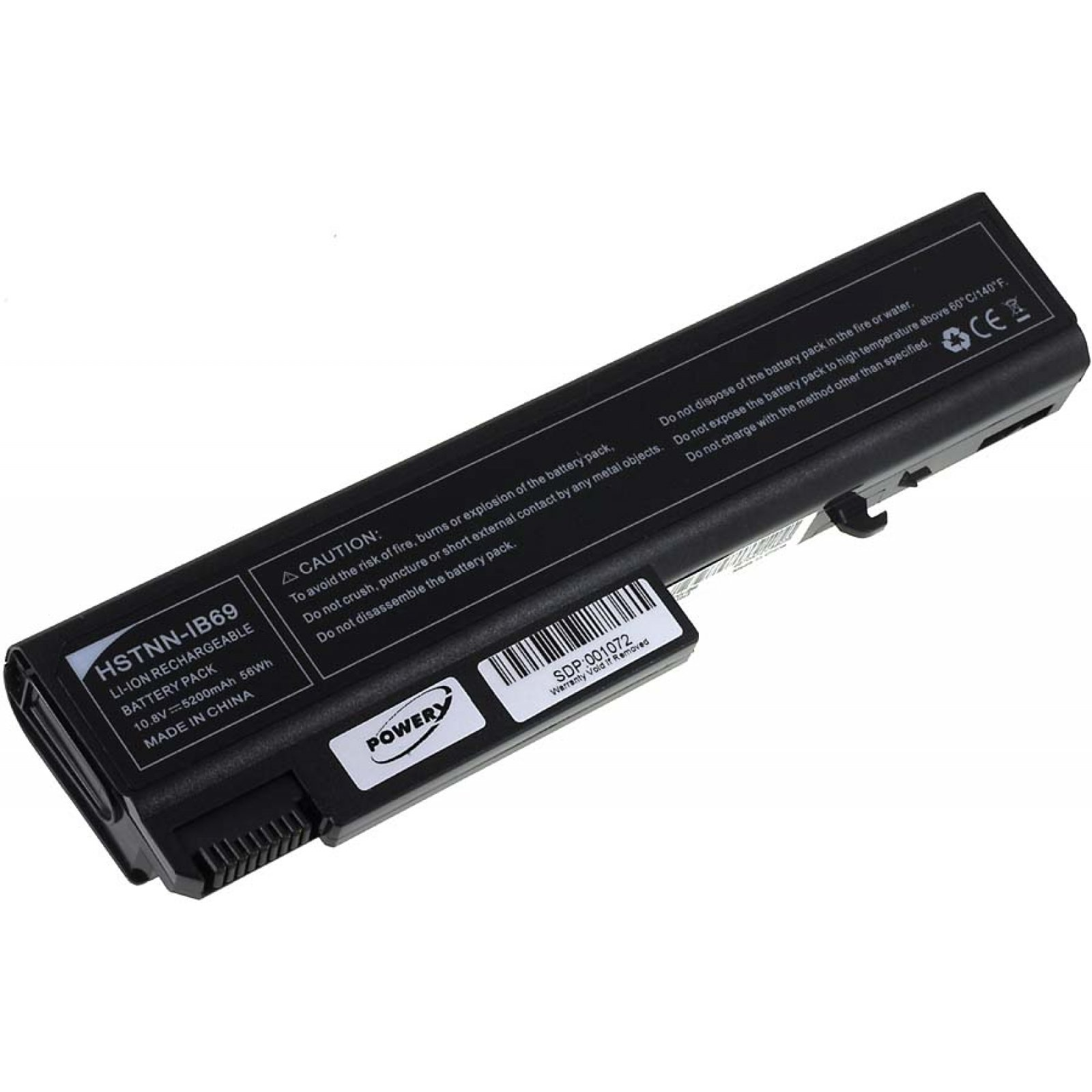 Una batería negra para portátil con texto y etiquetas. Tiene un logotipo PowerY y un código de barras.