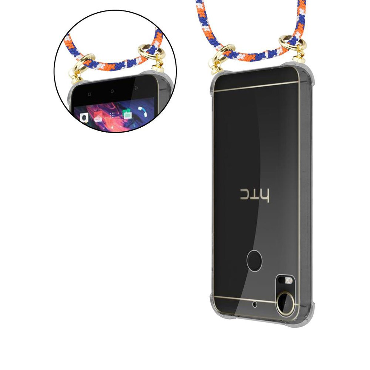 CADORABO Handy Kette mit Gold Hülle, und 10 Desire Band Ringen, abnehmbarer PRO, BLAU Kordel HTC, ORANGE WEIß Backcover