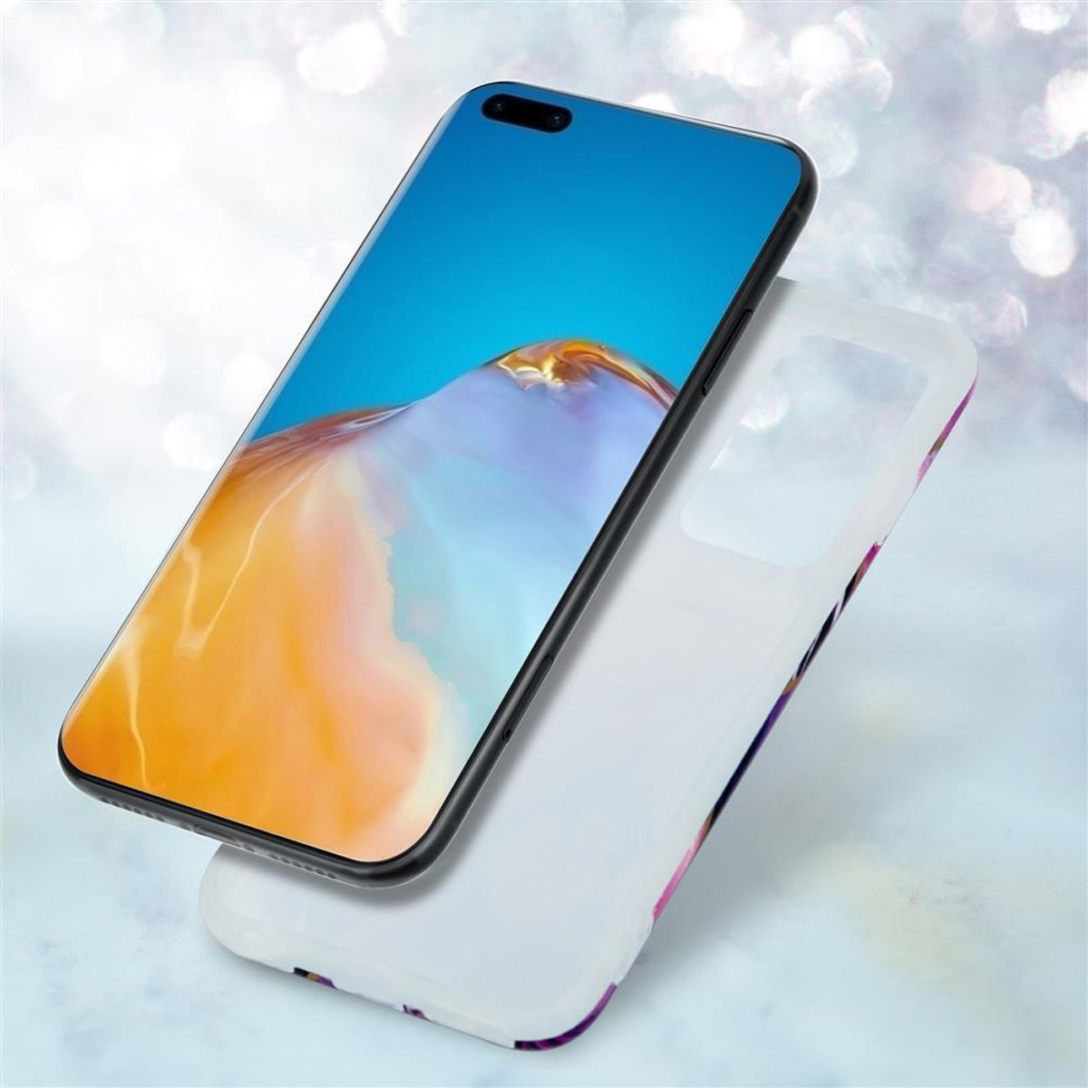 Smartphone con schermo che mostra uno sfondo blu e arancione e una custodia bianca.