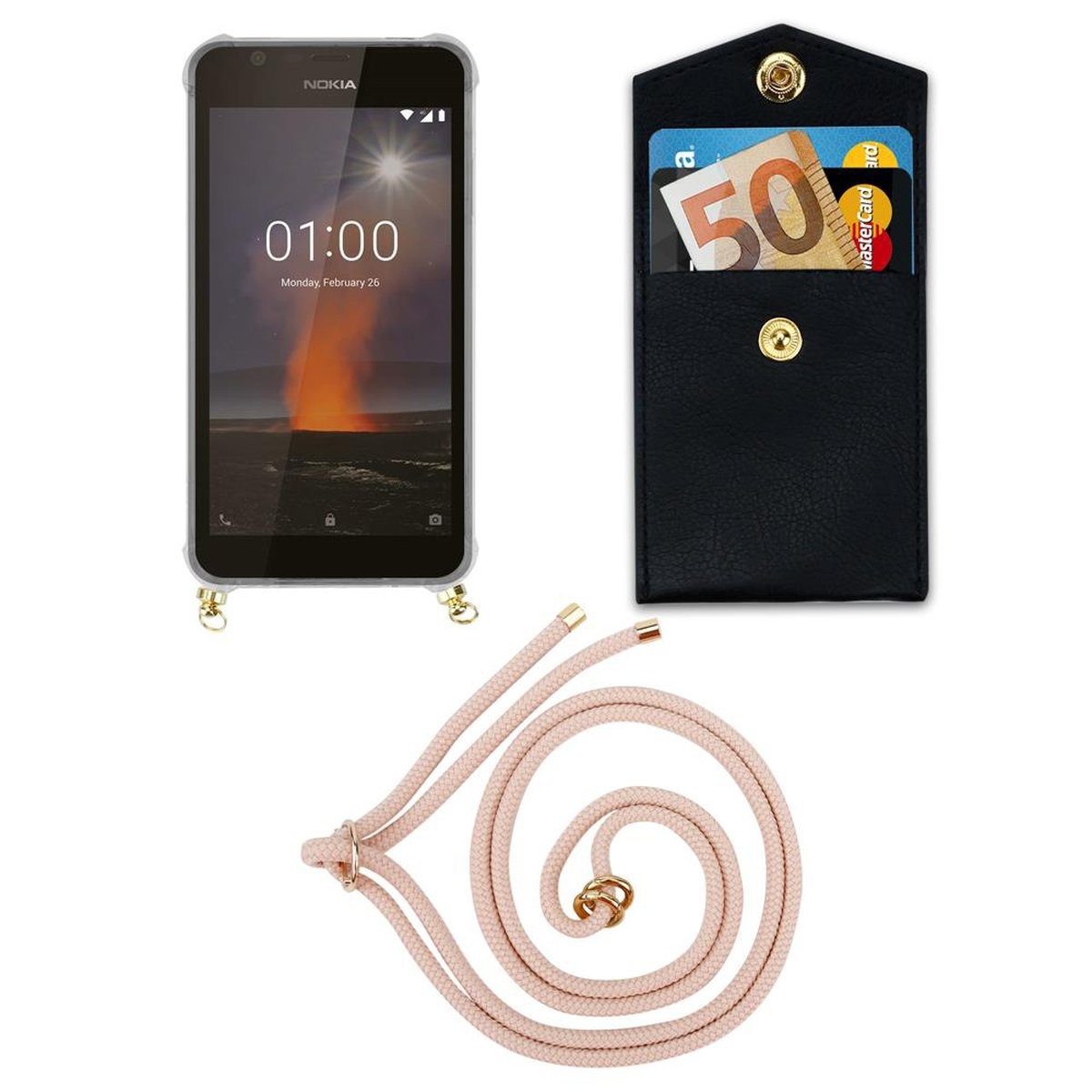CADORABO Handy Kette mit abnehmbarer Gold und Kordel 1 PERLIG Ringen, Nokia, ROSÉGOLD Hülle, Band Backcover, 2018