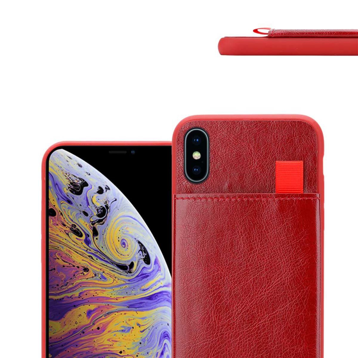 Custodia per telefono rossa con porta carte integrato. Il telefono è visibile all'interno.