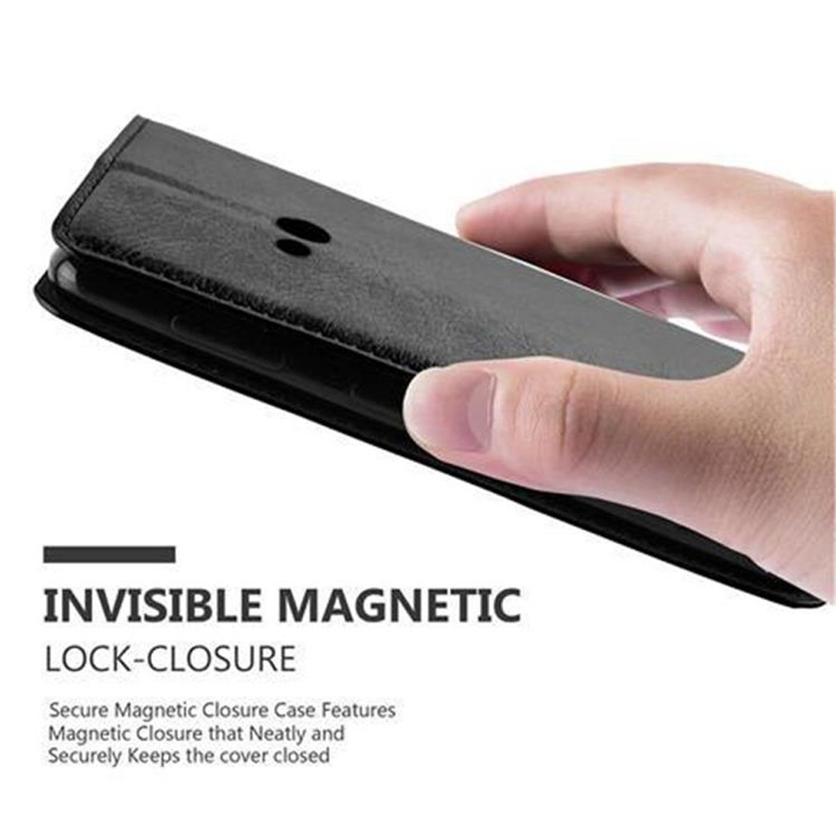 Mano che tiene una custodia nera per telefono, con il testo 'INVISIBLE MAGNETIC LOCK-CLOSURE'.