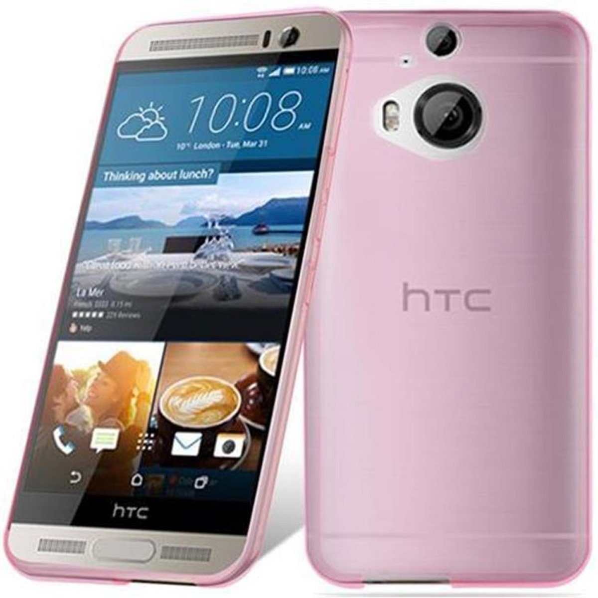 Pinkes HTC-Telefon, Vorder- und Rückansicht. Der Bildschirm zeigt Zeit, Wetter und andere Apps. Weißer Hintergrund.