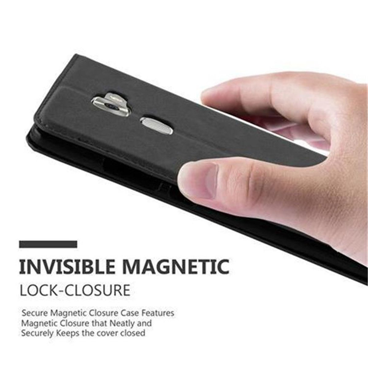 Hand hält eine schwarze Handyhülle, mit Text über einen Magnetverschluss.