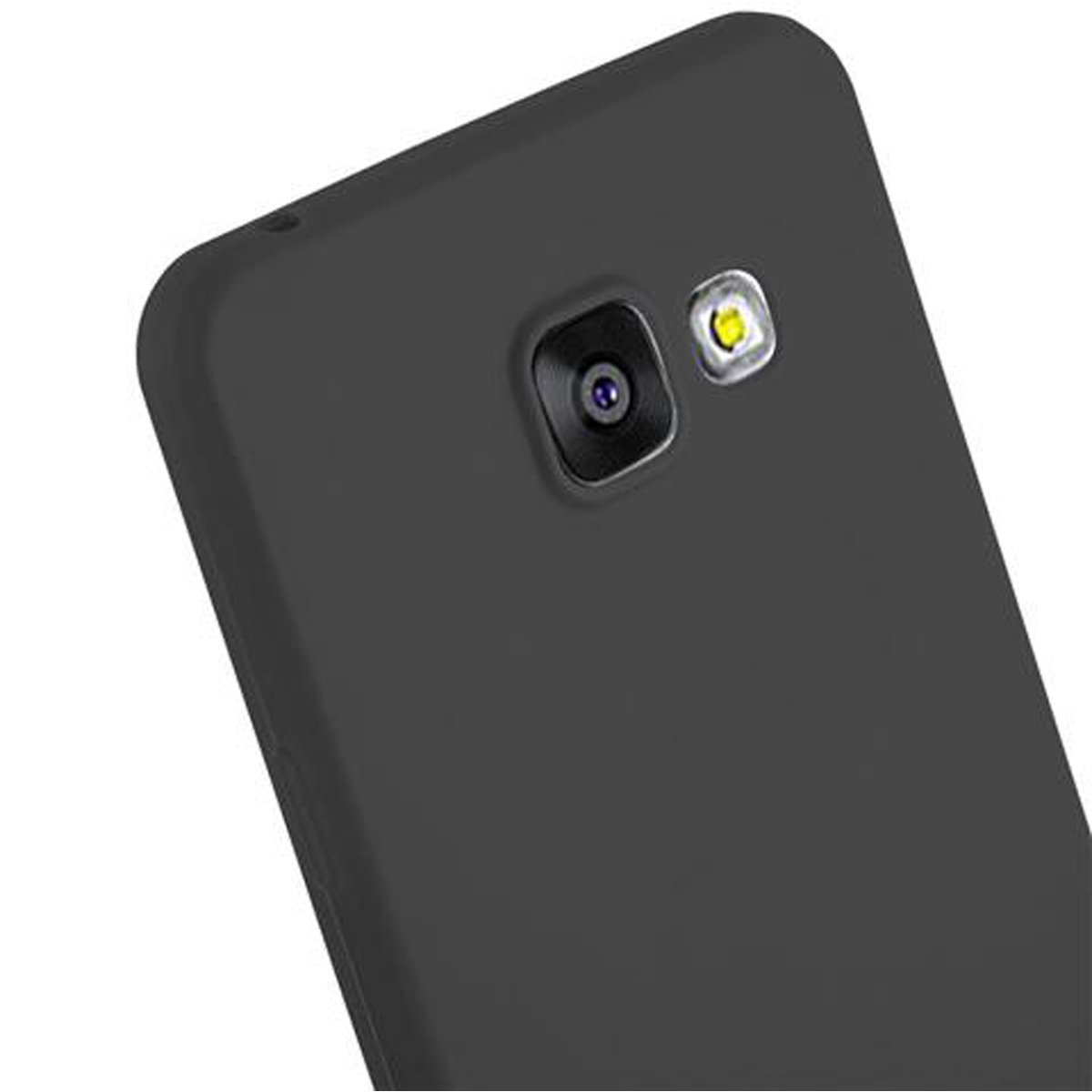 Custodia per smartphone nera con fotocamera. La custodia è nera. Il telefono è di colore scuro.