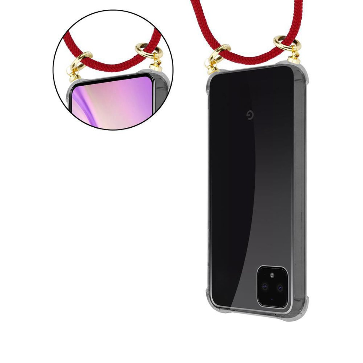 Telefon mit rotem Band, goldenen Ringen. Telefon in klarer Hülle. Der Bildschirm ist an.