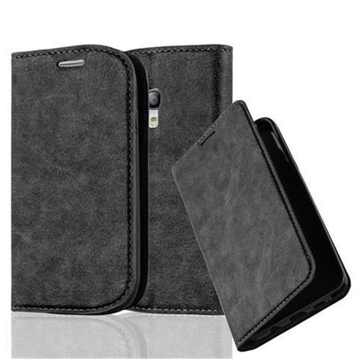 Funda de cuero gris oscuro abierta. Muestra el teléfono dentro.