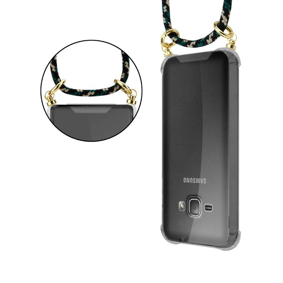 CADORABO Handy Kette mit Gold Galaxy CAMOUFLAGE Band abnehmbarer J1 Ringen, Kordel Backcover, 2016, und Samsung, Hülle