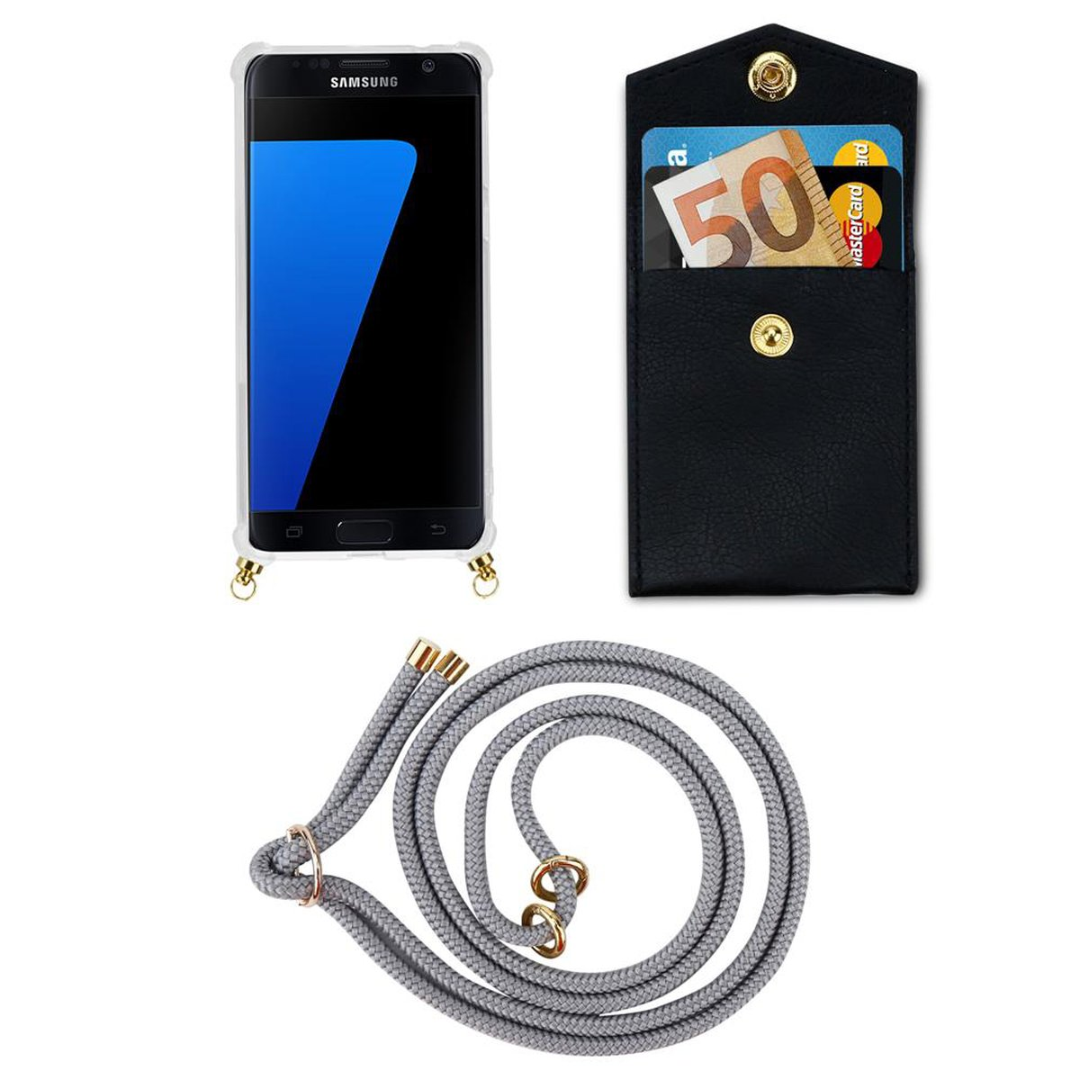 CADORABO Handy Kette mit abnehmbarer und GRAU Hülle, SILBER Gold Band Ringen, Kordel Backcover, Samsung, Galaxy S7