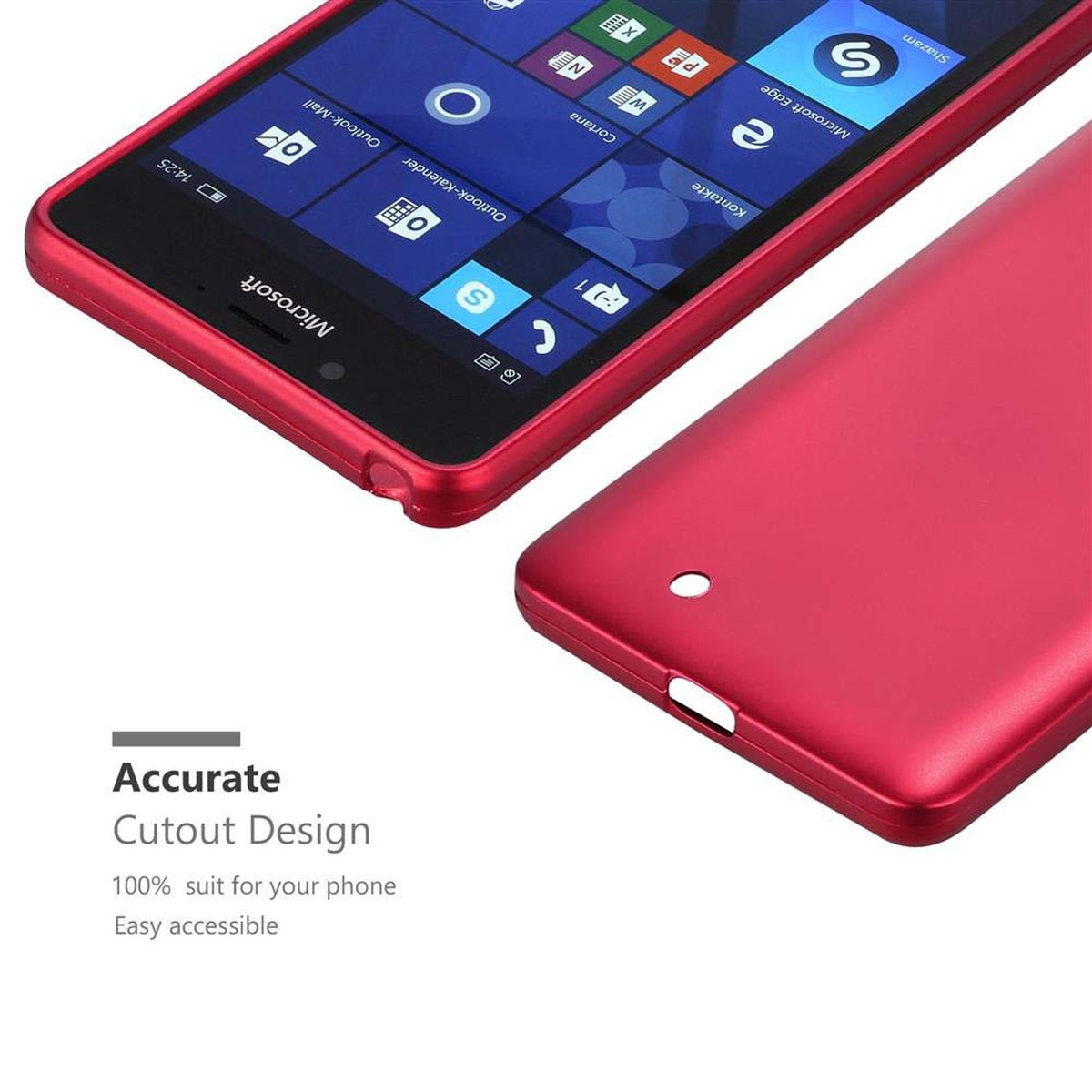 Telefono e custodia rossi. Schermo del telefono con icone delle app. Testo 'Accurate Cutout Design'.