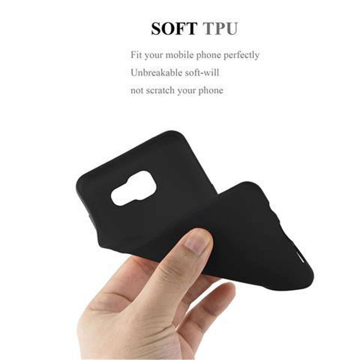 Una mano sosteniendo una funda de teléfono negra curvada.