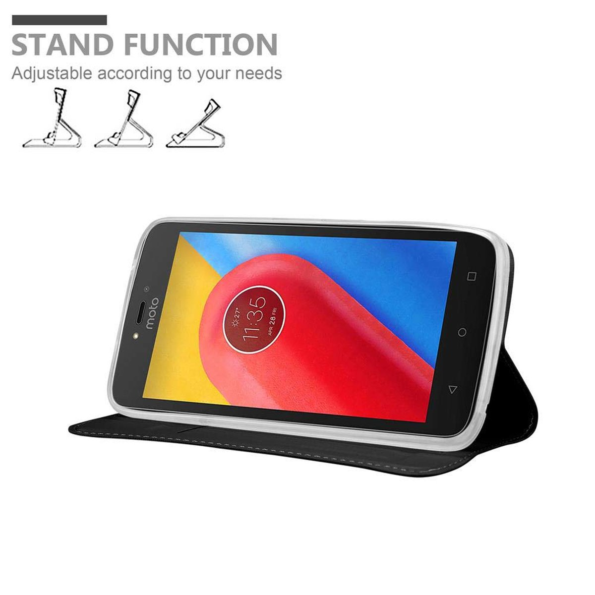 Una custodia nera con un telefono. Il telefono mostra uno schermo colorato. La custodia può essere un supporto.