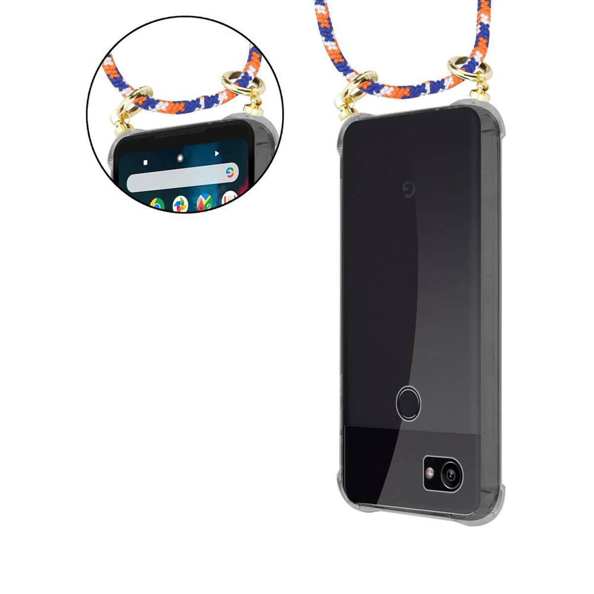 CADORABO Handy Kette mit ORANGE Kordel 2, Gold Hülle, BLAU PIXEL Band abnehmbarer Ringen, Google, WEIß und Backcover