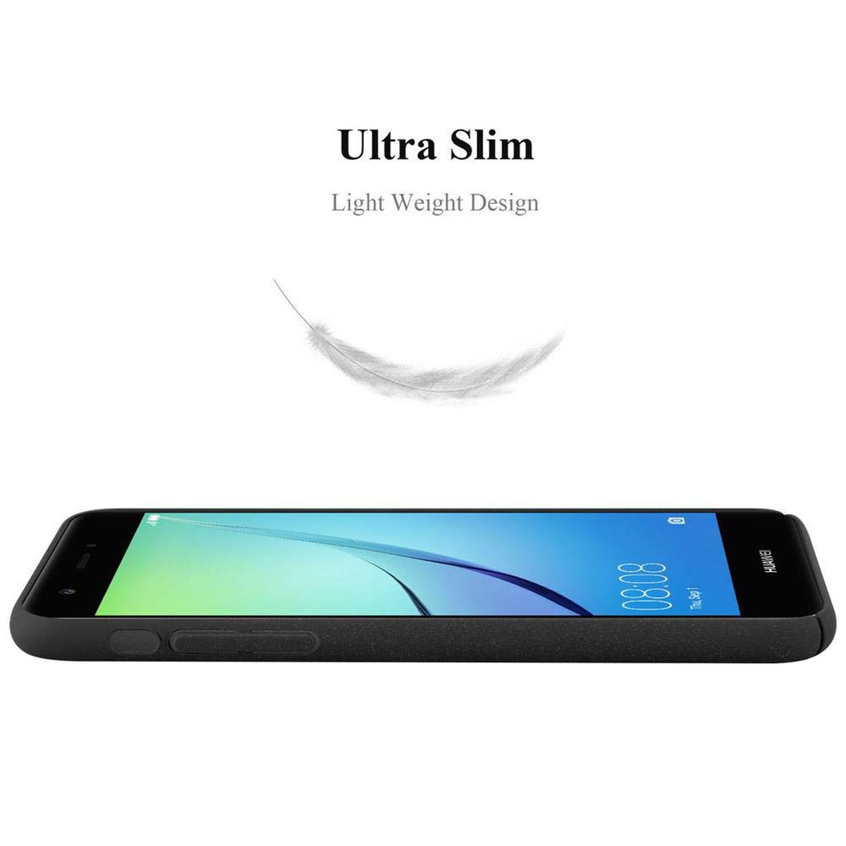 Telefono nero in una custodia nera. Testo superiore 'Ultra Slim, Light Weight Design' e una piuma leggera.