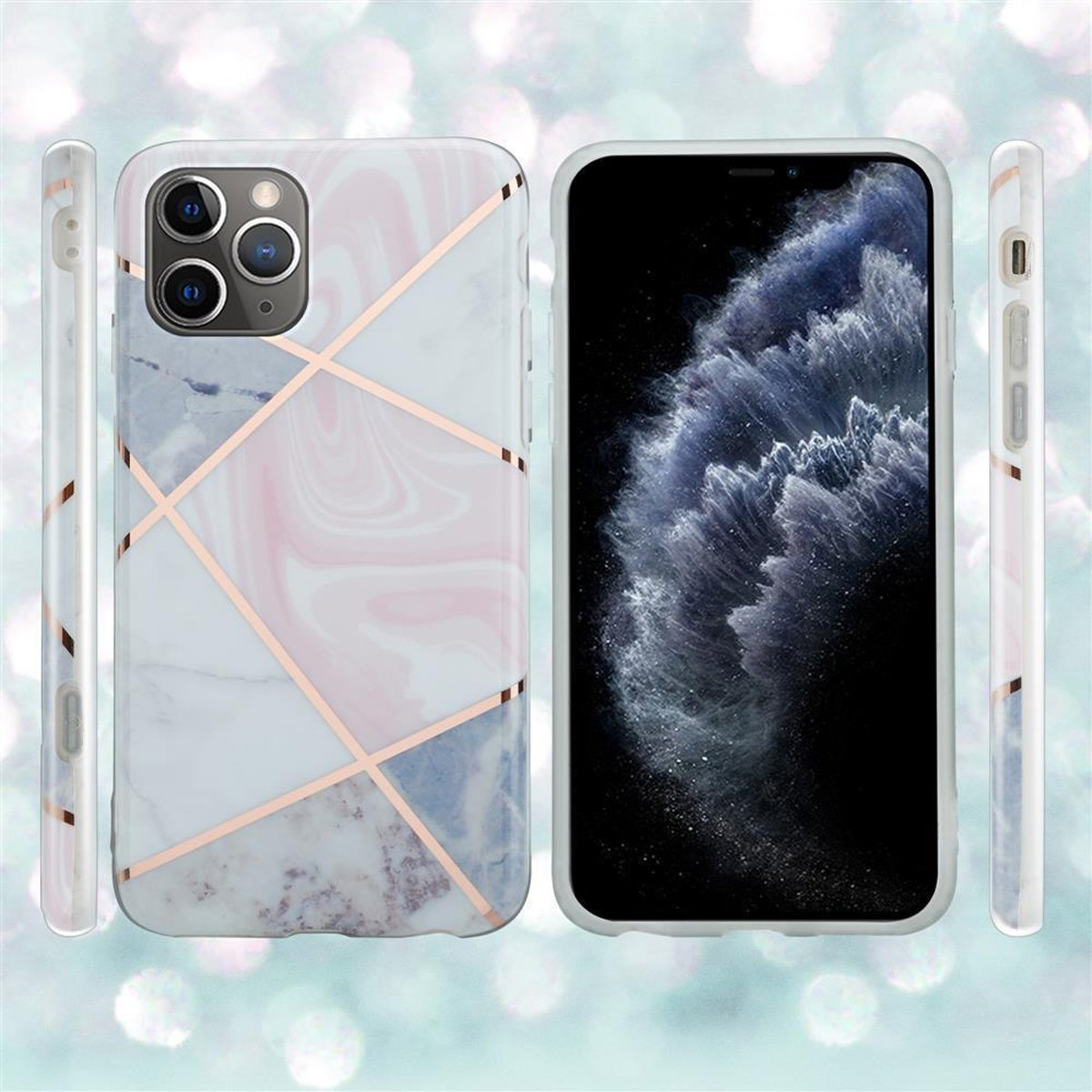 Due telefoni in custodie; uno con design marmorizzato, uno con un'immagine di nuvola sullo schermo. Vista laterale della custodia.