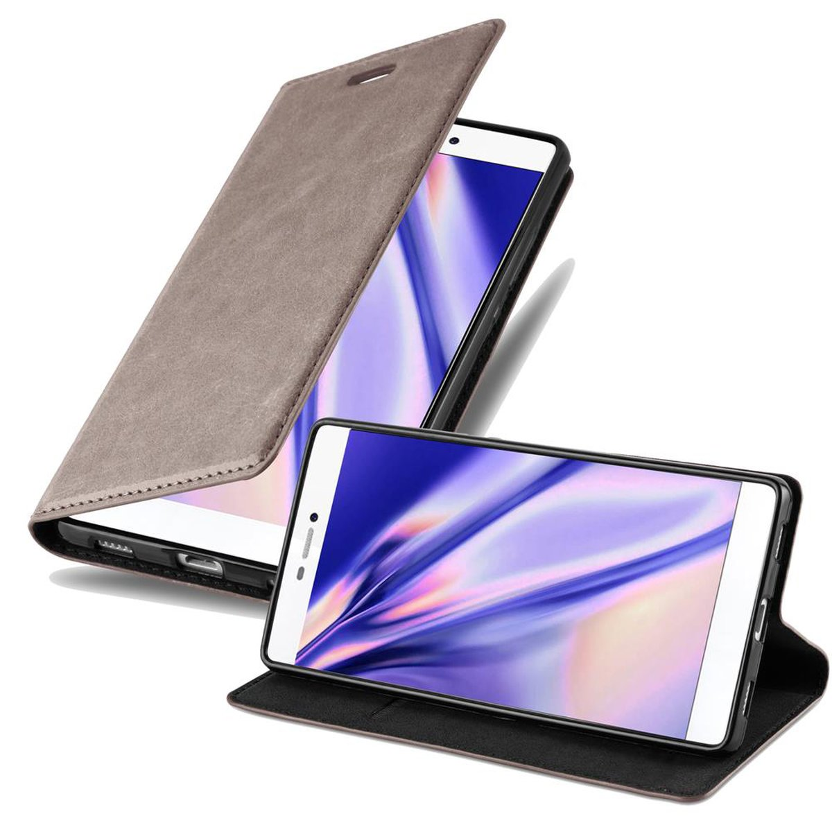 Funda de teléfono abierta con un teléfono dentro. La funda es gris y la pantalla del teléfono es visible.