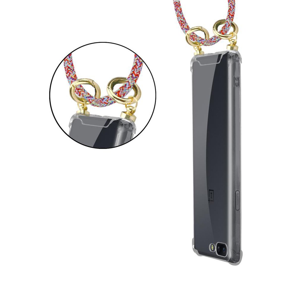 Handyhülle mit Trageband. Die Hülle ist transparent, das Band rot und weiß. Goldene Ringe verbinden die Hülle mit dem Band.