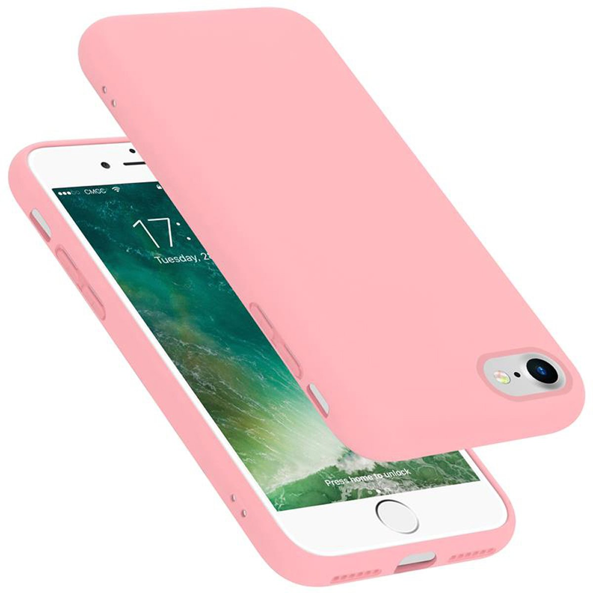 Eine rosa Handyhülle auf einem weißen Telefon. Der Telefonbildschirm ist sichtbar und hat ein Bild.