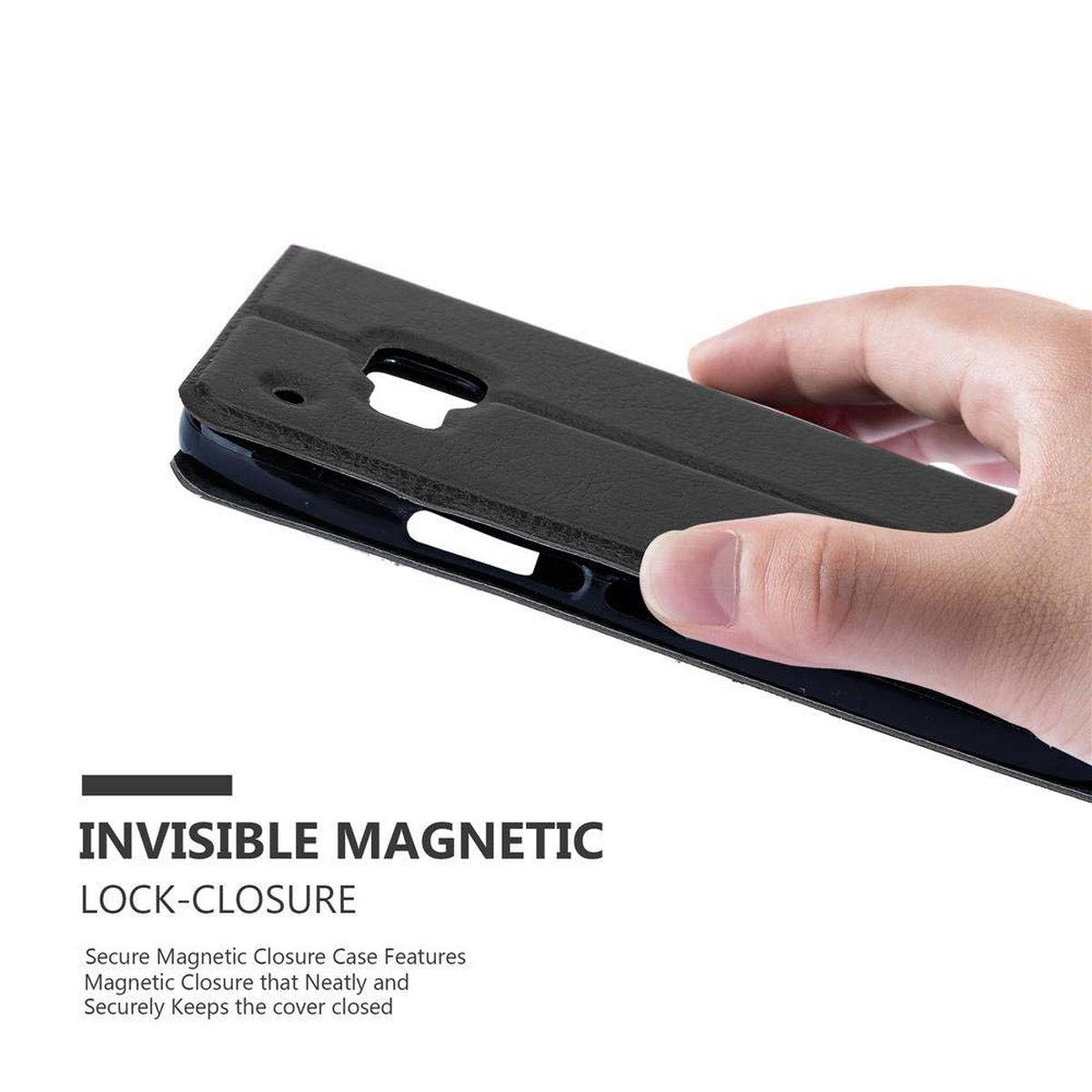 Mano sosteniendo una funda negra para teléfono, la funda tiene el texto 'INVISIBLE MAGNETIC LOCK-CLOSURE'.