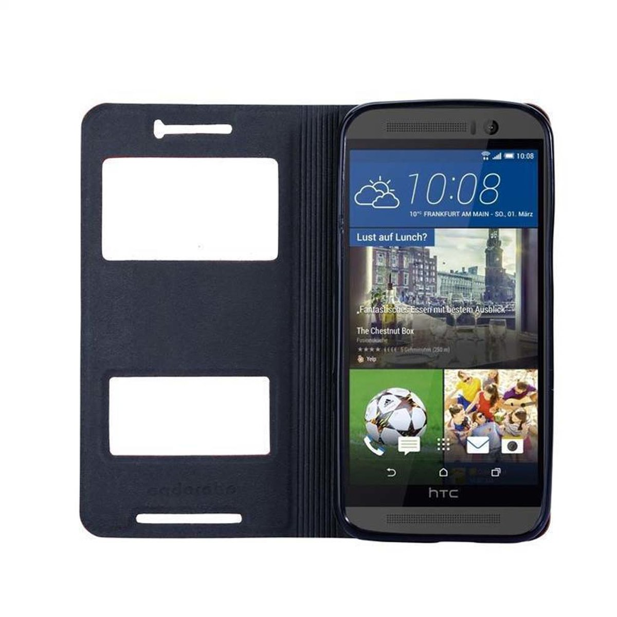 Funda de teléfono con un teléfono dentro. Muestra la hora y el clima. Funda negra. El texto dice endorobe.