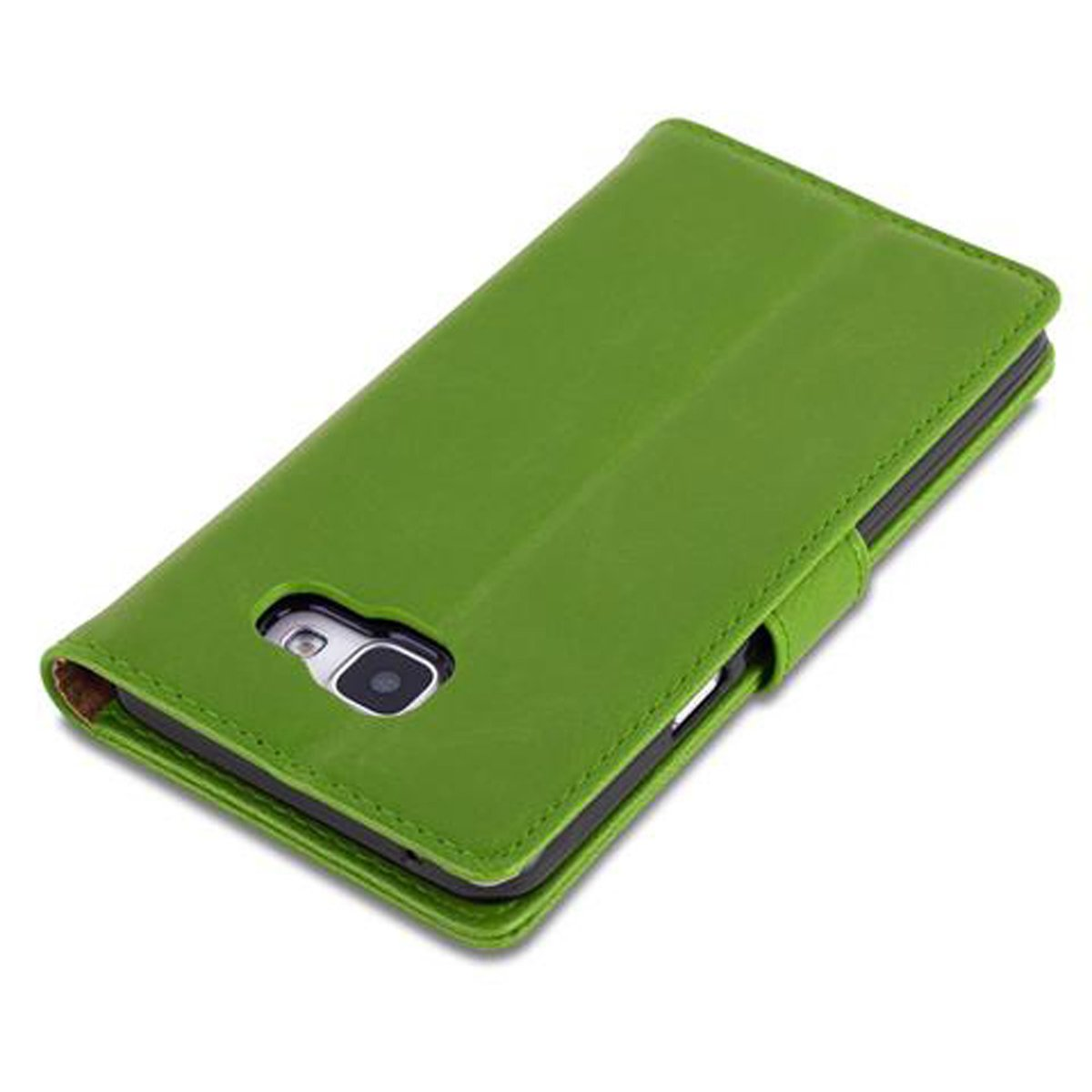 Una funda verde para teléfono con un recorte para la cámara y un cierre magnético.
