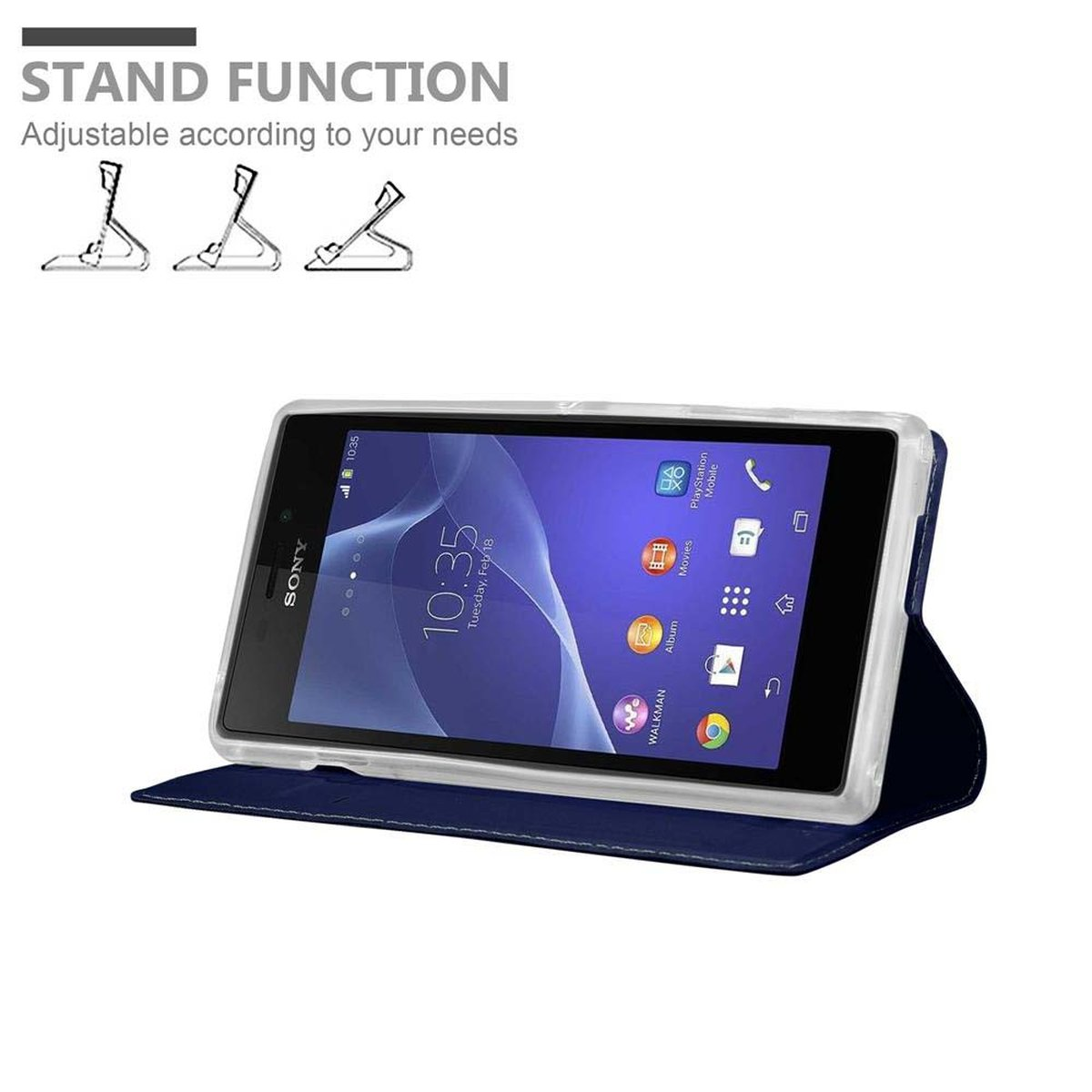Ein Telefon in einer dunkelblauen Hülle auf weißem Untergrund mit Symbolen auf dem Bildschirm. Text oben: „STAND FUNCTION“.
