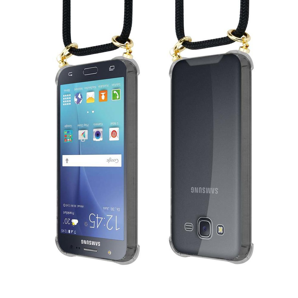 CADORABO Handy J5 2015, Backcover, Gold Kette Samsung, SCHWARZ abnehmbarer und Hülle, Galaxy Band Ringen, mit Kordel