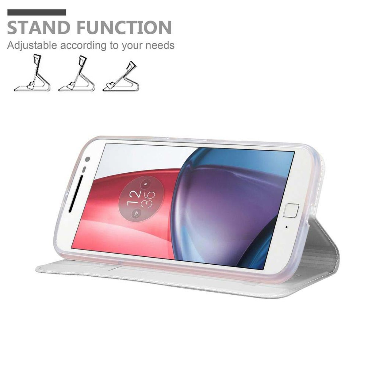 Teléfono blanco en una funda gris claro configurado como soporte. La pantalla muestra un reloj. Texto sobre la función de soporte.