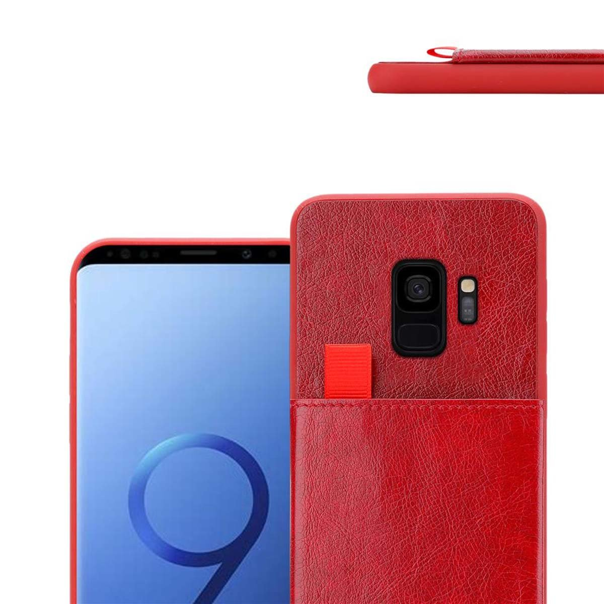Una custodia per telefono rossa con cinturino rosso. La custodia mostra il retro di un telefono.