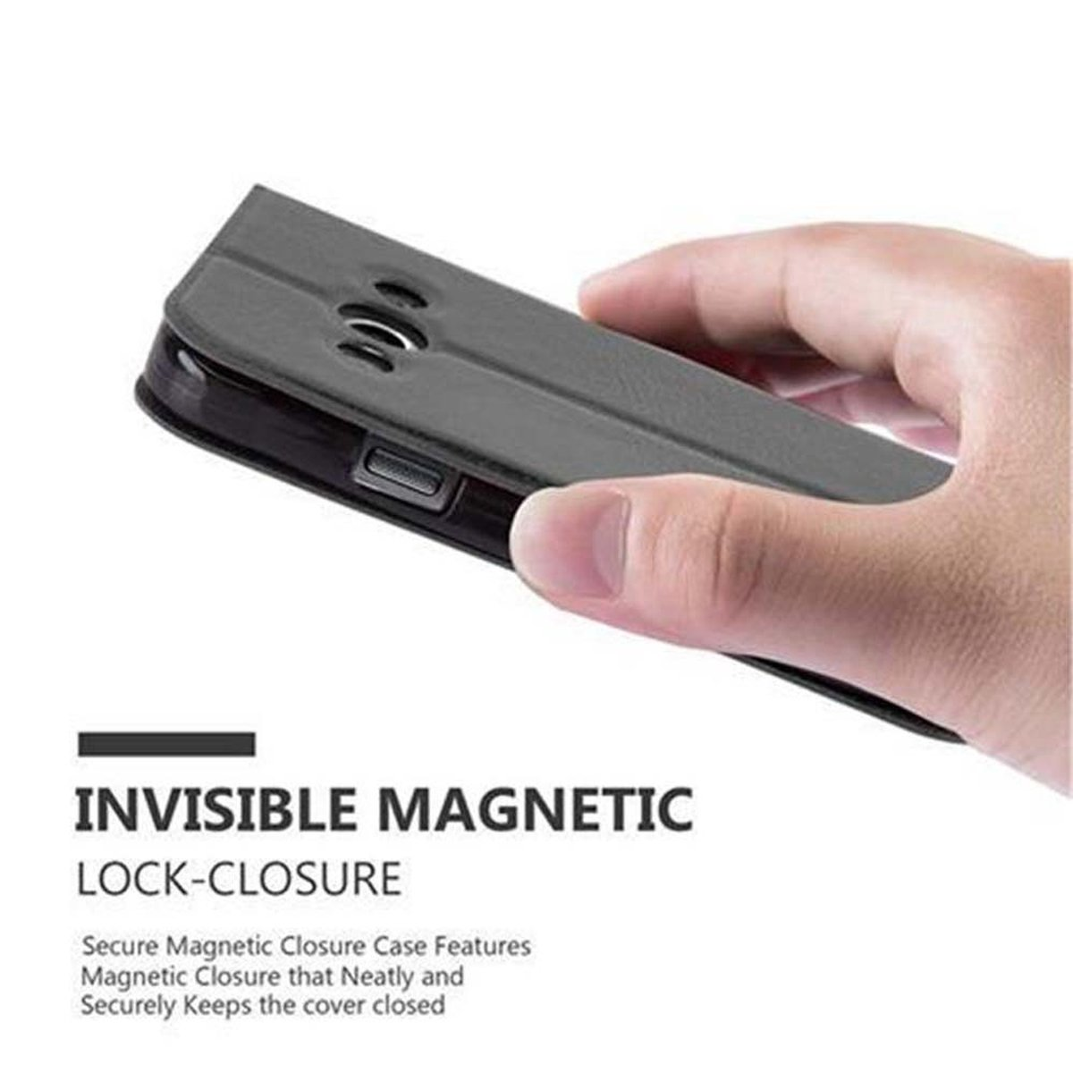 Mano che tiene una custodia per telefono grigia. Scritto 'Invisible Magnetic Lock-Closure'.