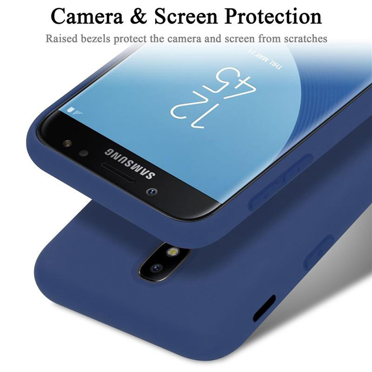 Custodia blu scuro che protegge il telefono. Lo schermo mostra l'ora.