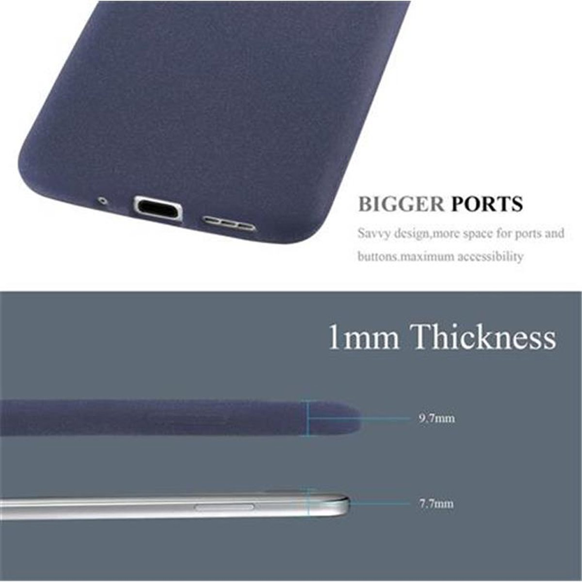 Una custodia per telefono con una superficie blu. Il testo in alto dice 'BIGGER PORTS' e '1mm Thickness' in basso.