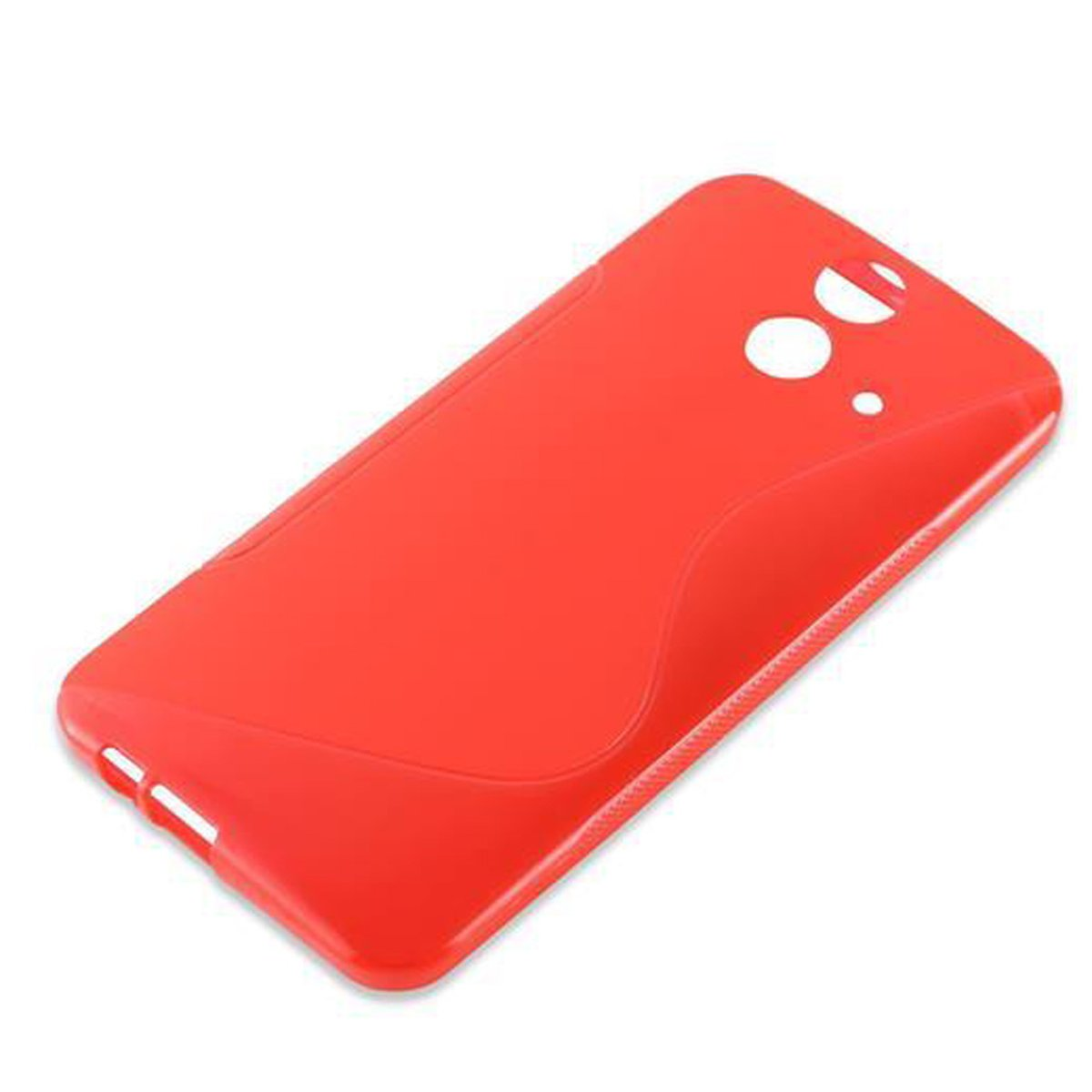 Custodia rossa per telefono con fori per fotocamera, sfondo bianco.