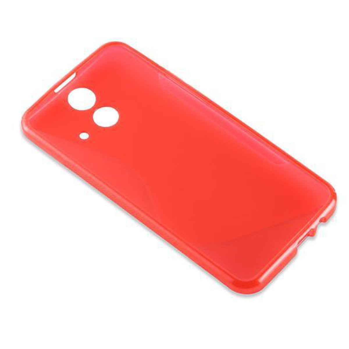 Custodia rossa con fori per fotocamera e altre porte.