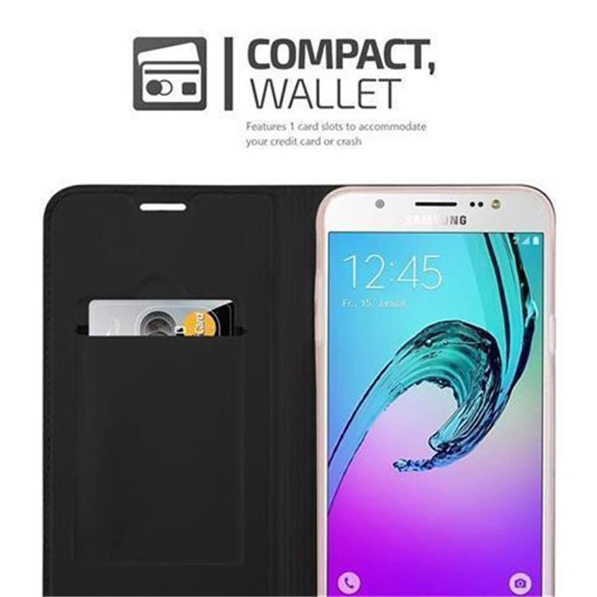 Custodia del telefono aperta, con slot per schede e schermo viola e bianco.
