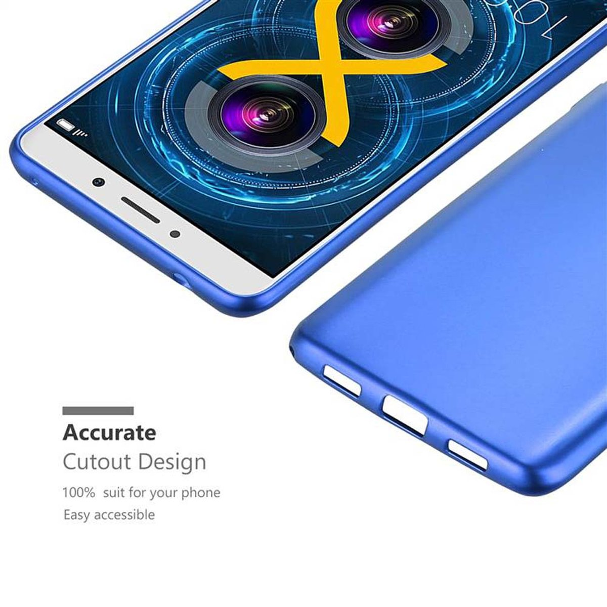 Una custodia blu per telefono e un telefono. Il telefono è bianco e ha bordi blu.