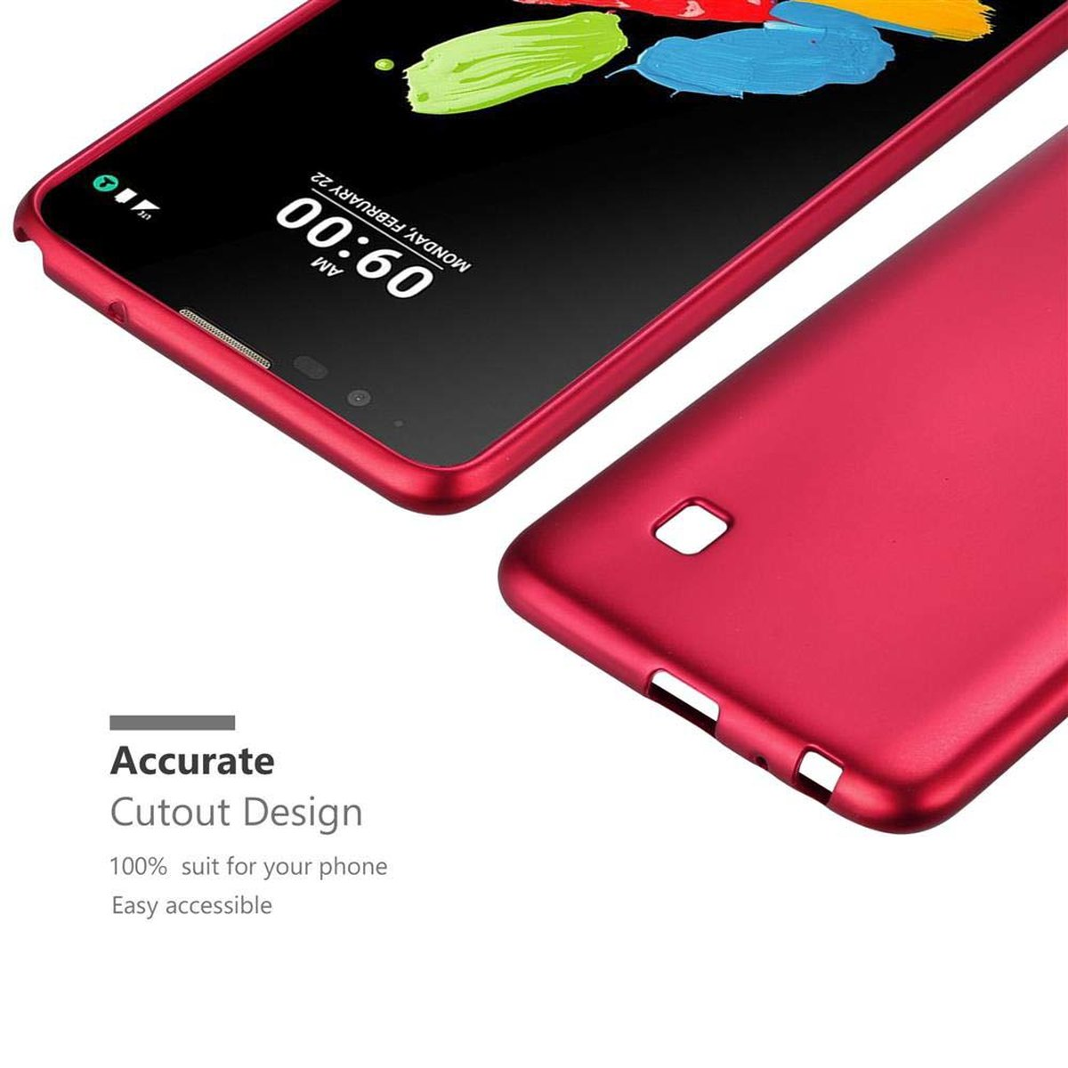 Rote Handyhülle mit Telefon oben und Text. Weißer Hintergrund.