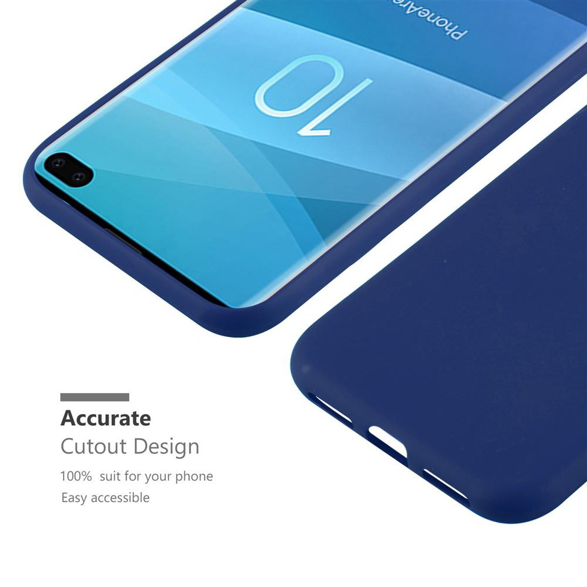 Blaue Handyhülle mit Telefon. Das Telefon zeigt den Bildschirm.